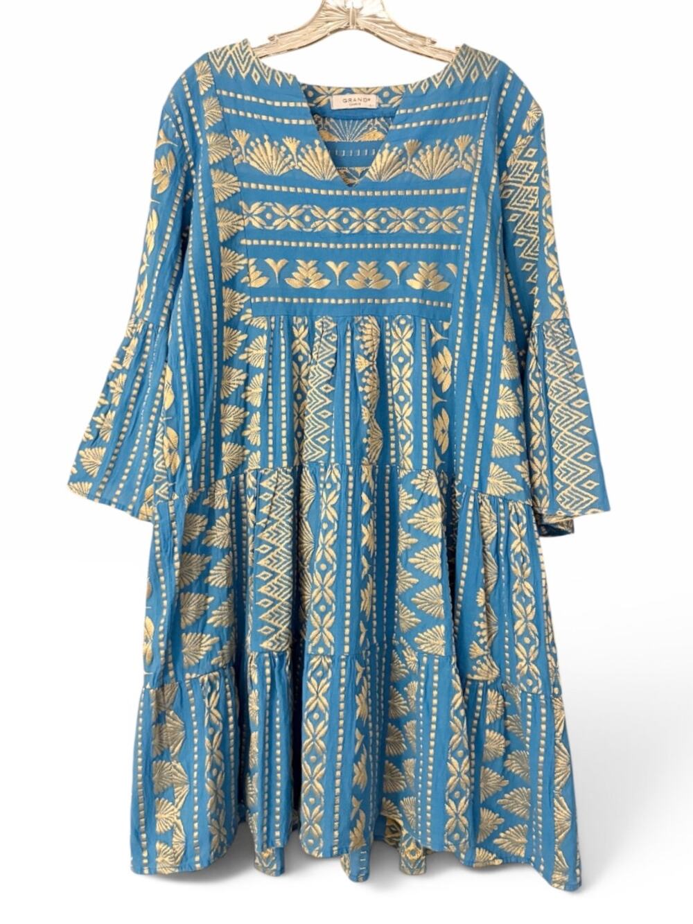 GRAND Greece Blue Gold Metallic Embroidered Tiered Bell Sleeve Boho Dress L
